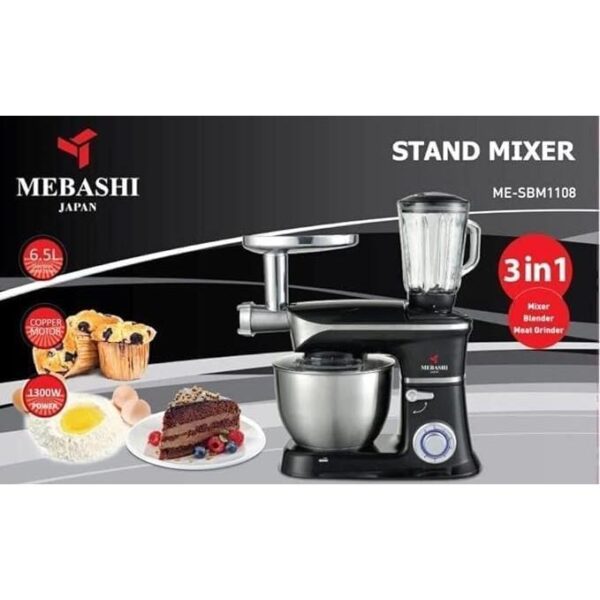 PW- Mebashi 3-in-1 Stand Bowl Mixer Kitchen Machine, 1300W With 6.7L Stainless Steel Bowl K-Beater, Whisk, Dough Hook, Blender (Black) - ME-ECM2022