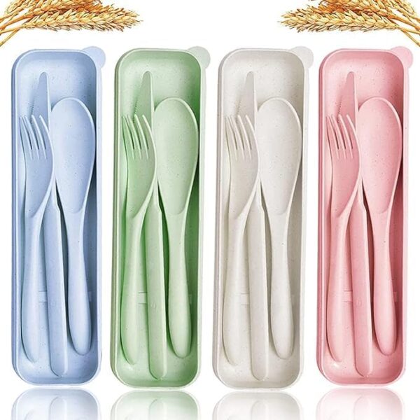 PrecisionWare Reusable Travel Utensils Set with Case, Wheat Straw Portable Knife Fork Spoons Tableware, Eco-Friendly BPA Free Cutlery for Kids and Adults as Travel Picnic Camping Utensils (BEIGE)