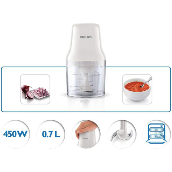 Philips Chopper Daily Collection - 450W, 0.7L Plastic Bowl, 2 Blades, White - HR1393/01