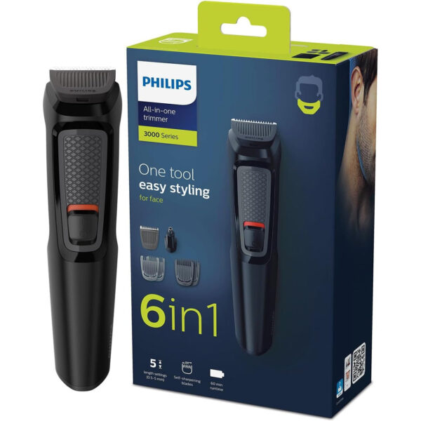 Philips Multigroom Series 3000 for Face, 6-in-1 Grooming Kit for beard, moustache, nose & ear hair, cordless, 60 min runtime, 16h full charging time, MG3710/33,Black