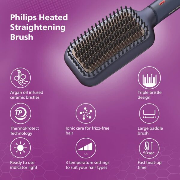 PHILIPS Heated Straightening Brush BHH885/10 (New) ThermoProtect Technology, Ionic care, Argan Oil Infusion & Extra Large Brush, 50 Watts, Black - Image 3