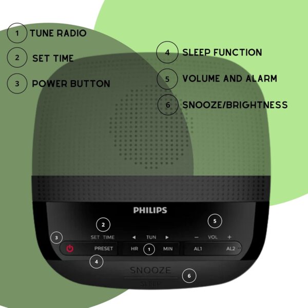 PHILIPS Radio Alarm Clocks for Bedrooms, LED Display, Easy Snooze, Sleep Timer, Alarm Clock Radio w/Battery Backup Bedroom Clock (Batteries not Included) - Image 2