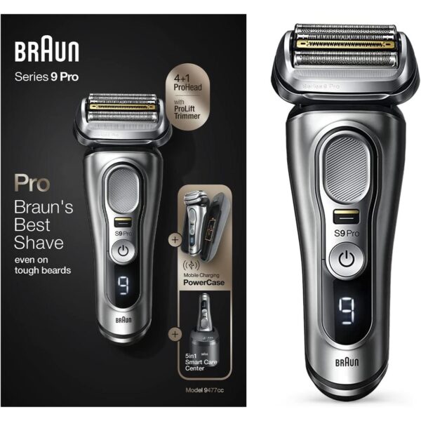 Braun Series 9 Shaver 9477Cc 4+1 Pro Head - Electric With Mobile Charging Powercase, Silver