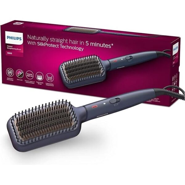 PHILIPS Heated Straightening Brush BHH885/10 (New) ThermoProtect Technology, Ionic care, Argan Oil Infusion & Extra Large Brush, 50 Watts, Black