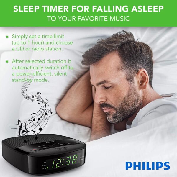 PHILIPS Radio Alarm Clocks for Bedrooms, LED Display, Easy Snooze, Sleep Timer, Alarm Clock Radio w/Battery Backup Bedroom Clock (Batteries not Included) - Image 4