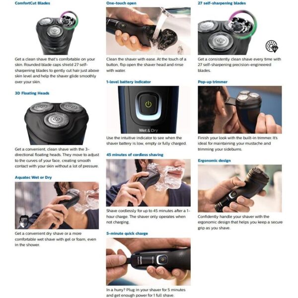 PHILIPS Shaver 1300, Series 1000 Wet & Dry Cordless Electric Shaver with Pop-Up Trimmer and ComfortCut Blades, 1hr Full Charge, Adriatic Blue, S1323/41 - Image 7