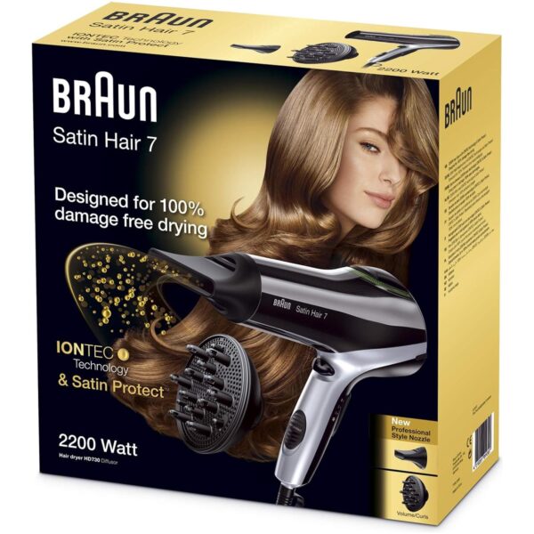 Braun Satin Hair 7 HD730 Hair Dryer With Diffuser And IONTEC Technology,Black